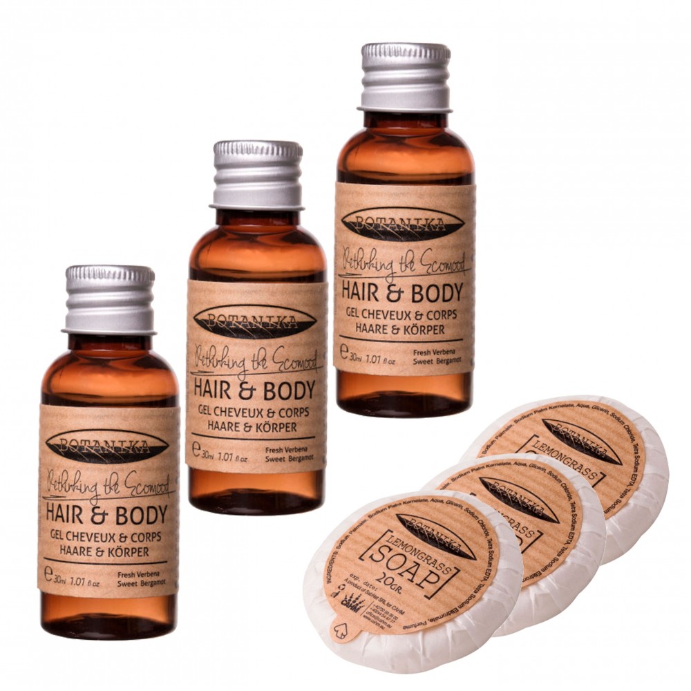 Zestaw kosmetyków hotelowych BOTANIKA szampon-żel 30ml 100szt plus mydełko 20g 100szt