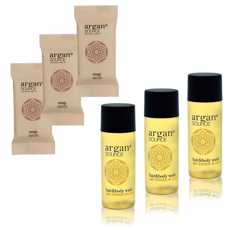 Zestaw kosmetyków dla hoteli Argan szampon-żel 30ml 100szt + mydło 20g 100szt